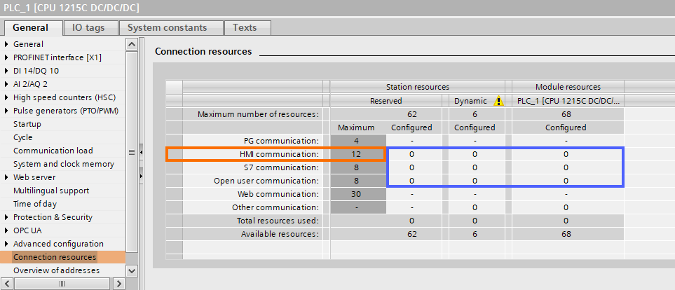 Figure 5.1 - Siemens S7-1200 PLC Configuration | CPU connection resources setting