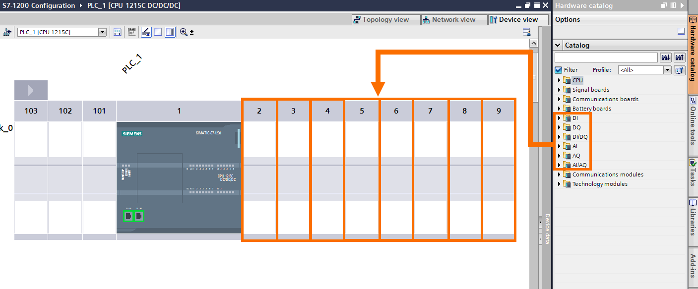 Figure 1.2 - Siemens S7-1200 PLC Programming | PLC slots for adding IO modules