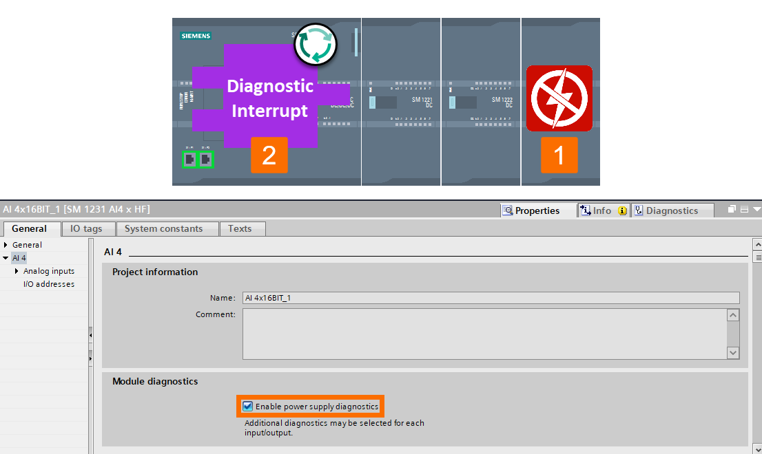 Figure 4.5 - Siemens S7-1200 PLC Programming | Enabling the power supply diagnostics for a standard analog input module