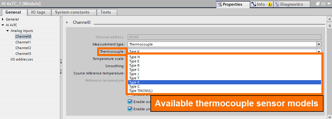 Figure 6.4 - Siemens S7-1200 PLC Programming | Selecting the desired model of thermocouple