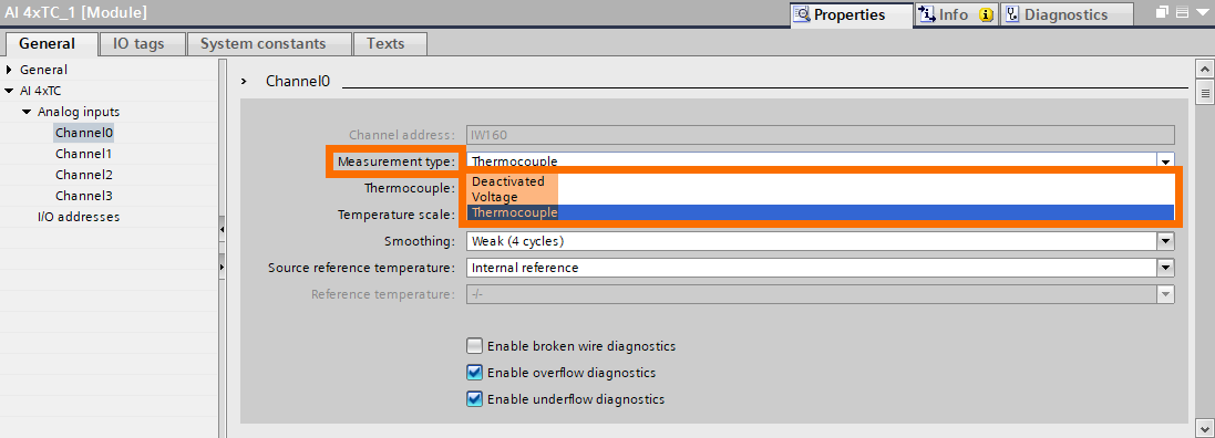 Figure 6.3 - Siemens S7-1200 PLC Programming | Selecting the desired measurement type for a thermocouple analog input module