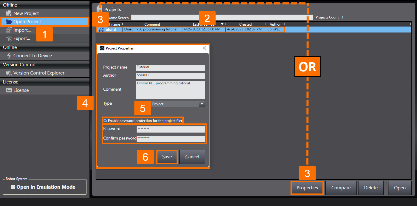 Figure 4.2 - Omron PLC Programming | How to set up a password for a project