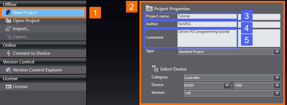 Figure 1.2 - Omron PLC Programming | How to name a created project and author and write a description of the project