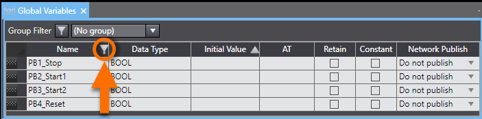 Figure 1.9 - Omron PLC Training | How to notice a filtered column in the global variables table