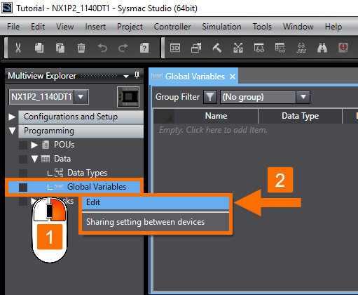 Figure 1.2 - Omron PLC Training | How to open the global variables table