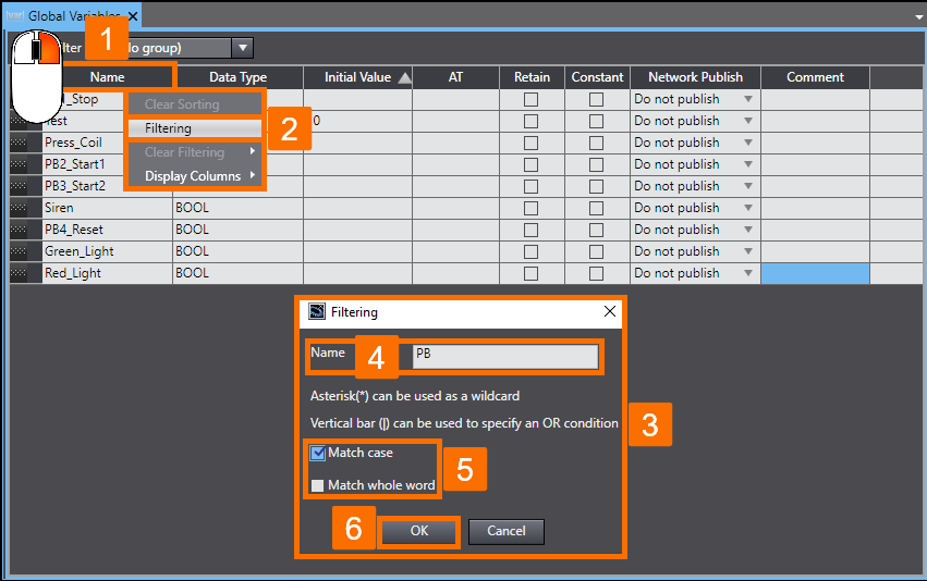 Figure 1.8 - Omron PLC Training | How to apply the desired filter to the global variables table