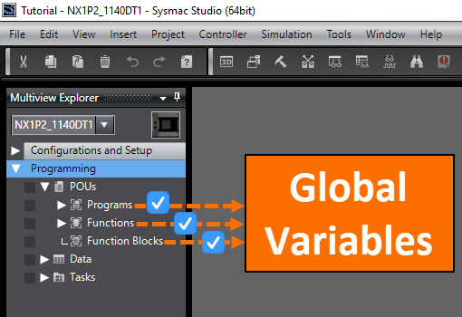 Figure 1.1 - Omron PLC Training | Global variables are accessible from various POUs