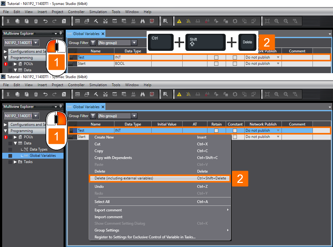 Figure 1.6 - Omron PLC Training | How to delete a global variable along with any external variables that reference it