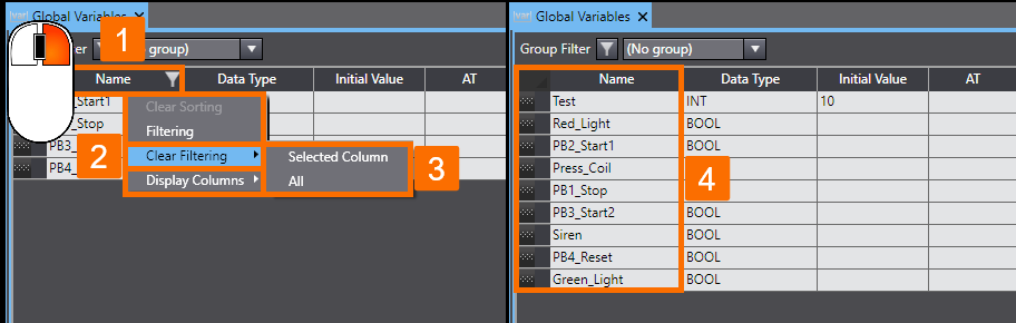 Figure 1.10 - Omron PLC Training | How to remove the filter from the global variables table