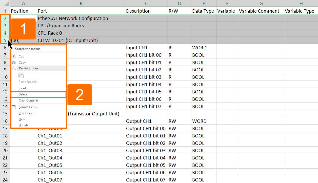 Figure 2.10 - Omron PLC Training | How to remove the first device information line from a spreadsheet