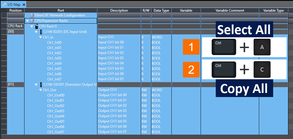 Figure 2.7 - Omron PLC Training | How to select and copy the entire I/O Map