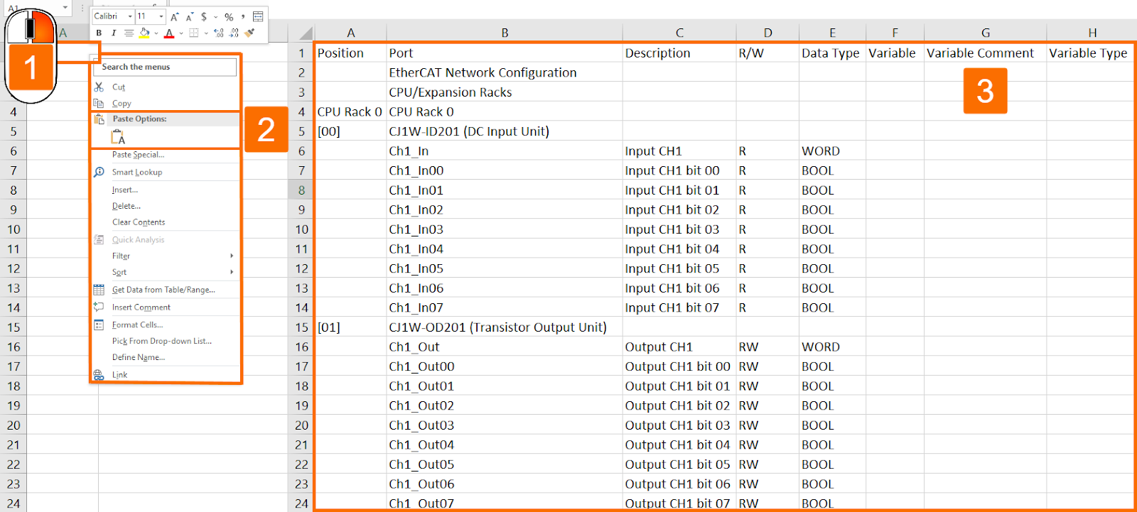 Figure 2.8 - Omron PLC Training | How to paste copied I/O Map data into a spreadsheet