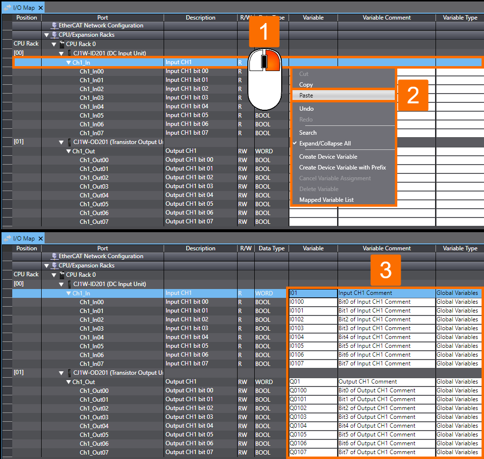 Figure 2.13 - Omron PLC Training | How to paste modified spreadsheet data into I/O Map