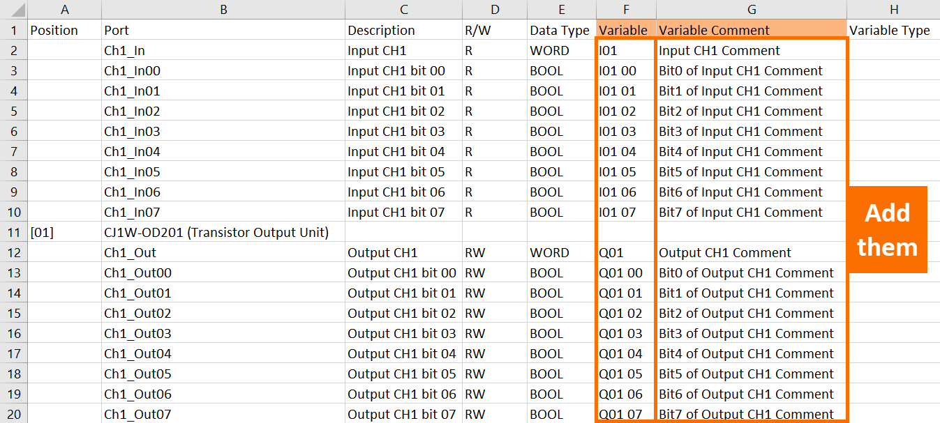 Figure 2.11 - Omron PLC Training | How to document the variables and their corresponding comments in a spreadsheet