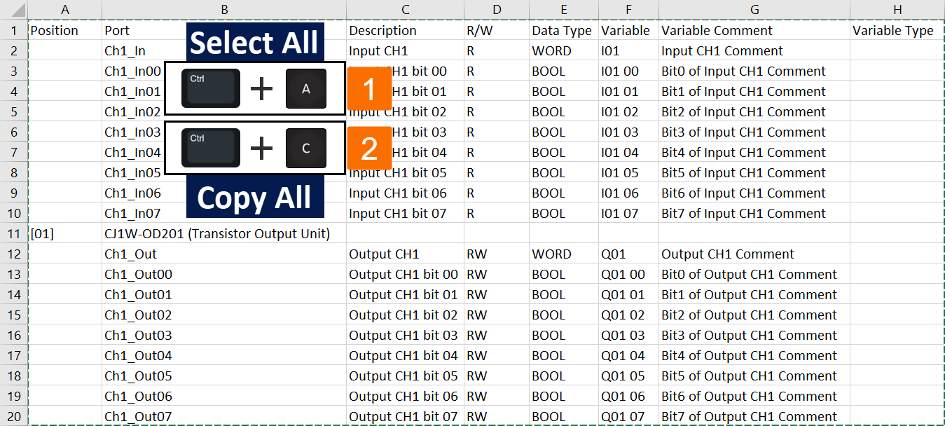 Figure 2.12 - Omron PLC Training | How to select and copy the modified data from a spreadsheet