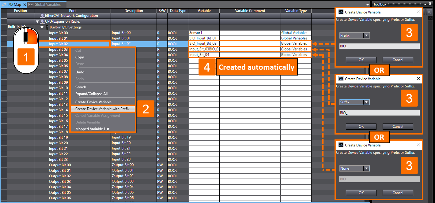 Figure 2.4 - Omron PLC Training | How to register device variables with a prefix, a suffix, or none automatically