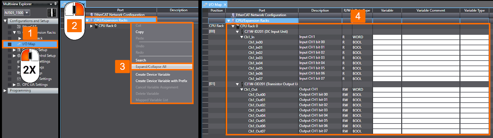 Figure 2.6 - Omron PLC Training | How to expand all available tabs in I/O Map