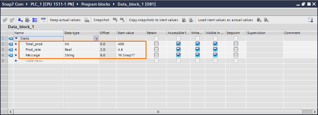 Figure 2.6 - Siemens Snap7 | Creating the variables