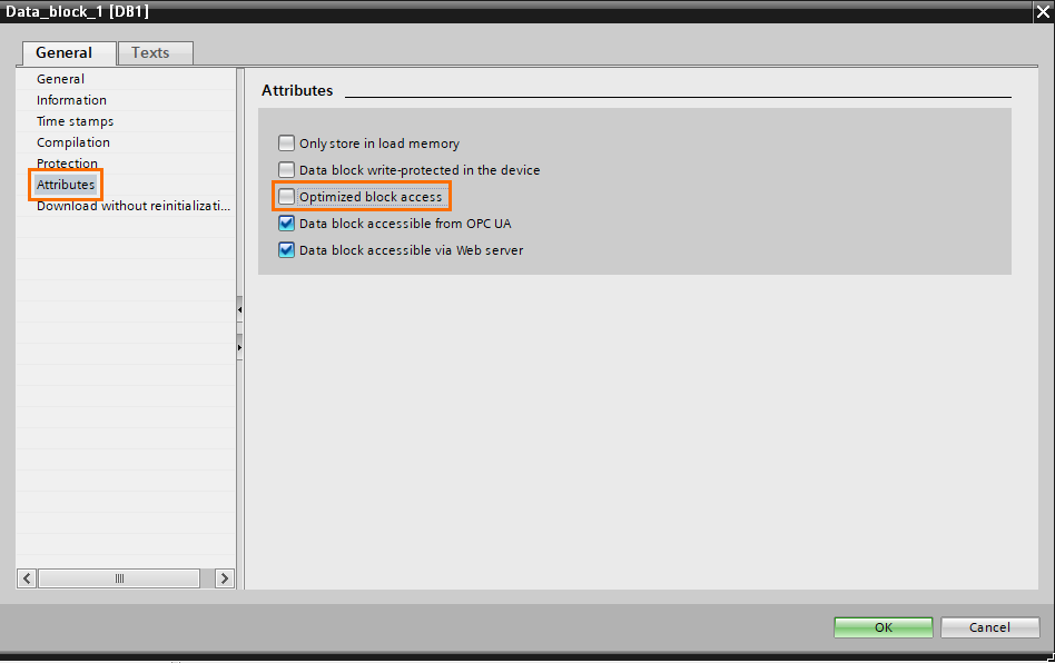 Figure 2.5 - Siemens Snap7 | Unchecking the optimized block access