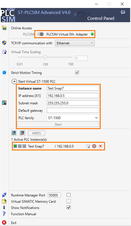 Figure 2.7 - Siemens Snap7 | Creating the virtual PLC in PLCSim Advanced