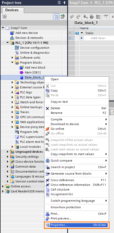 Figure 2.4 - Siemens Snap7 | Opening the DB properties