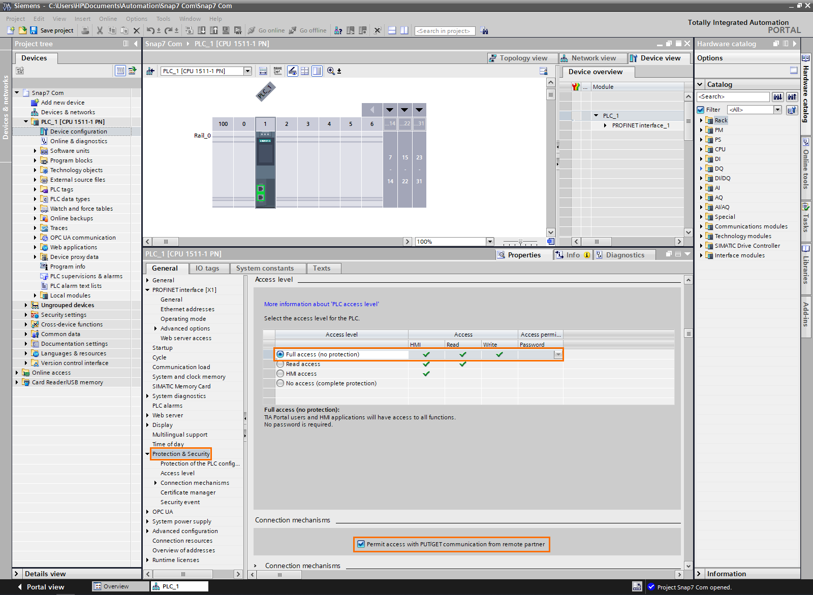 Figure 2.2 - Siemens Snap7 | Full access and permit PUT/GET communication