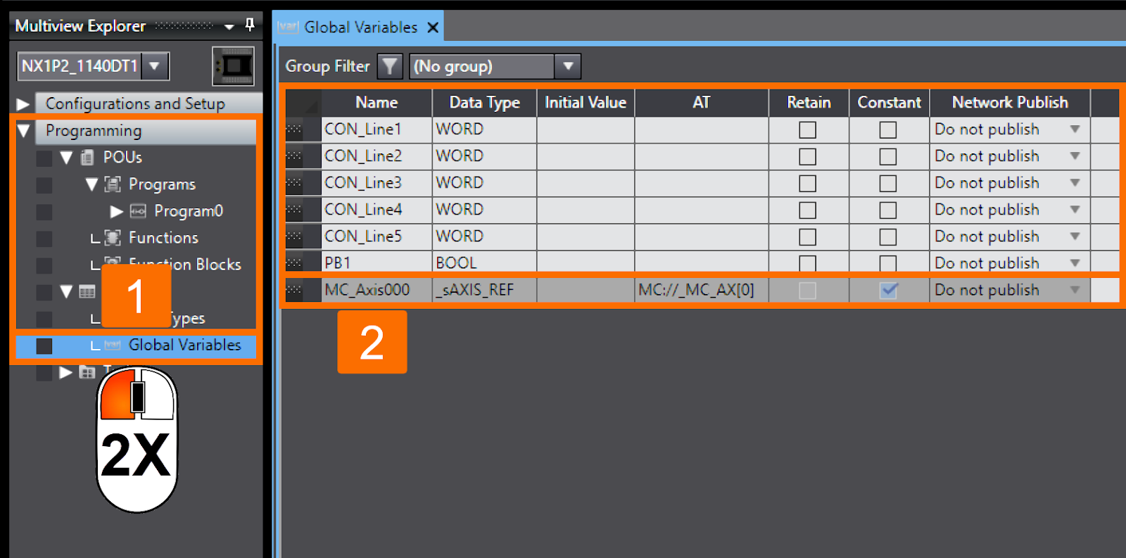 Figure 7.2 - Omron PLC Programming | Populating the global variables table with created axis variable automatically