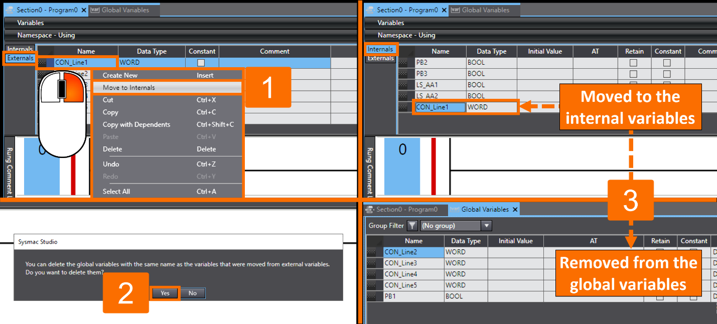 Figure 4.3 - Omron PLC Programming | Moving an external variable to the internal variables table while removing it from the global variables table