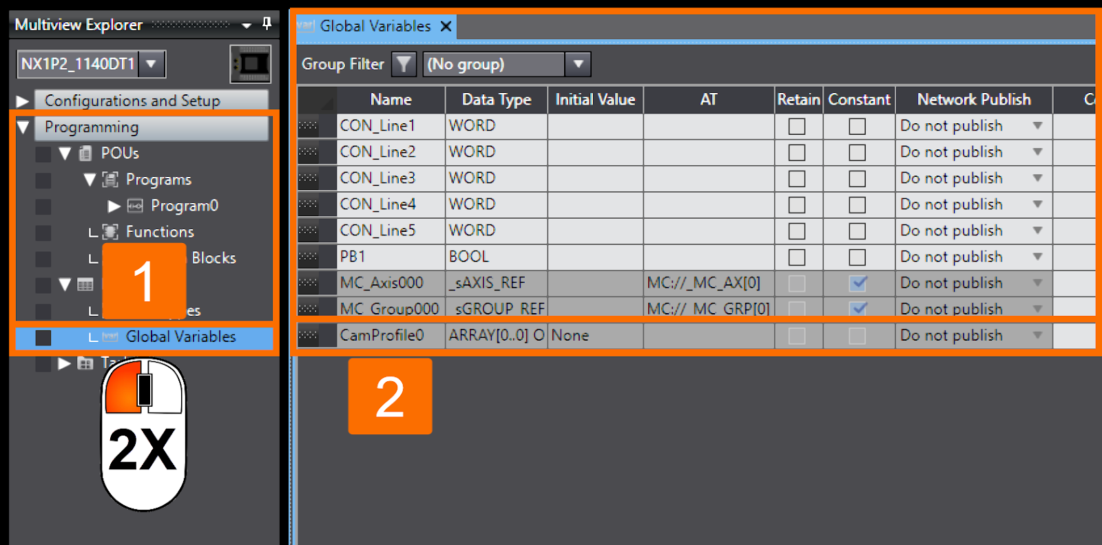 Figure 9.2 - Omron PLC Programming | Populating the global variables table with created cam data variables automatically