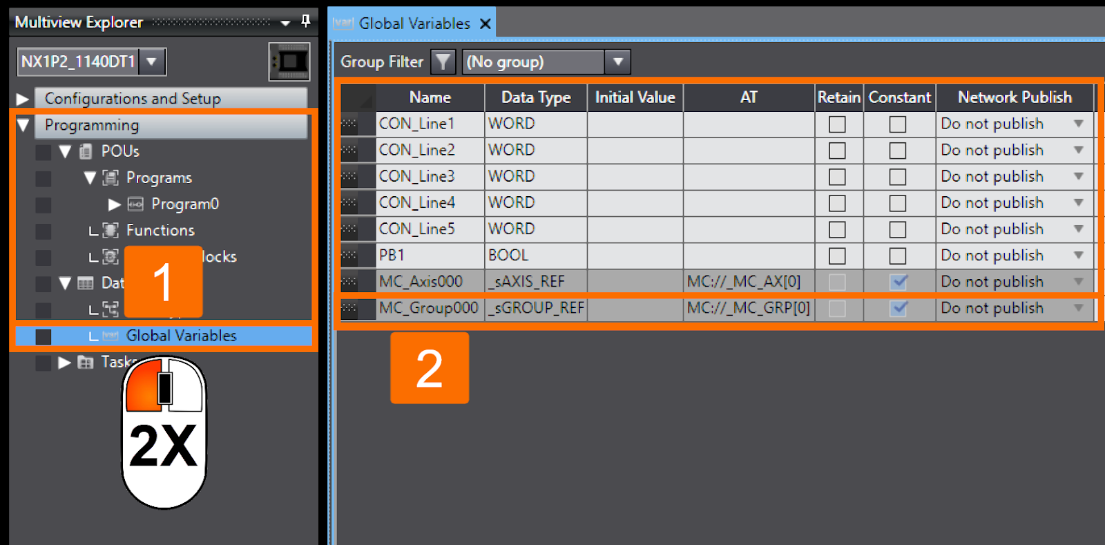 Figure 8.2 - Omron PLC Programming | Populating the global variables table with created axes group variable automatically