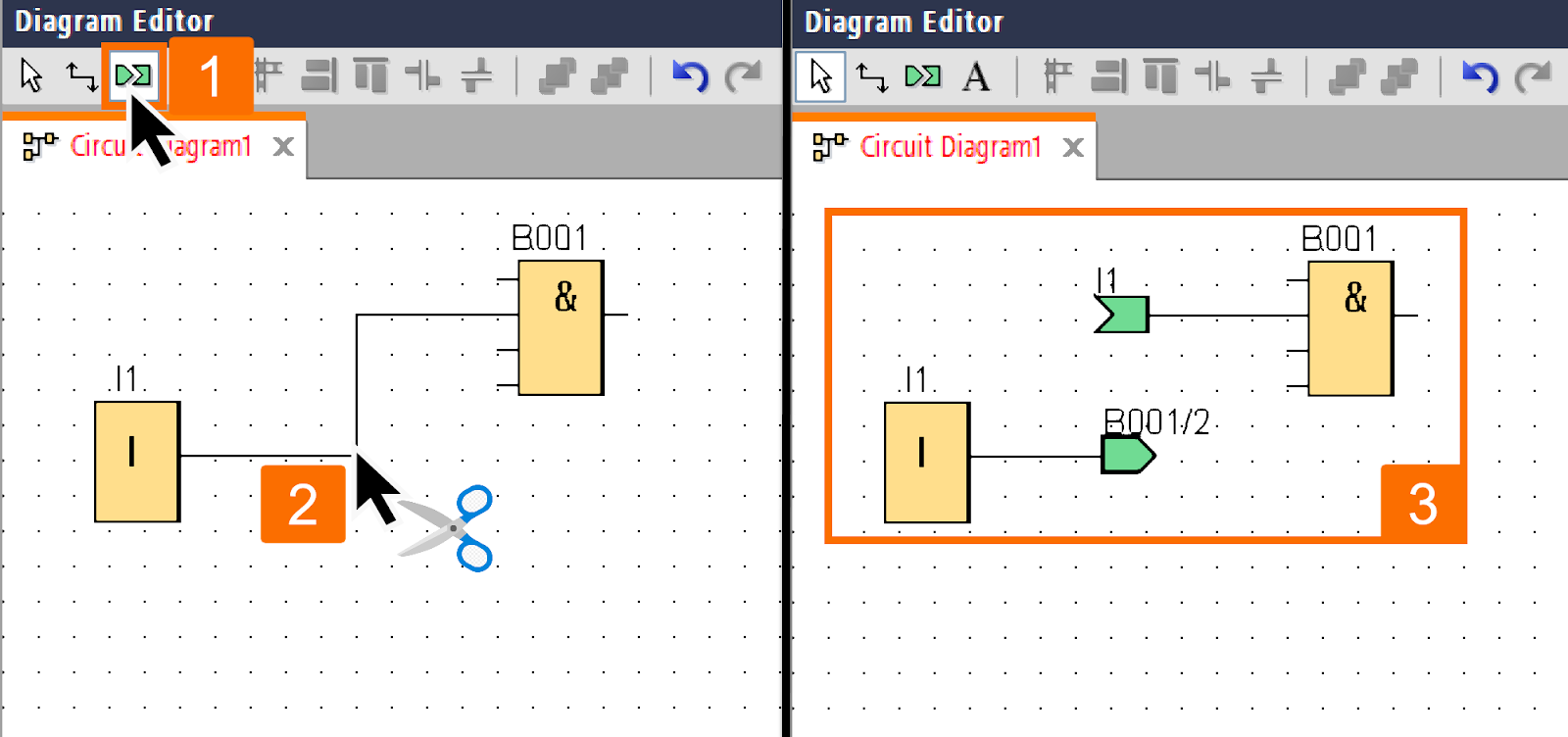 Figure 1.1 - Siemens LOGO! PLC Training | Cutting desired connection line while keeping the link between blocks intact