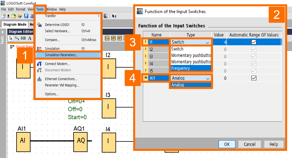 Figure 2.4 - Siemens LOGO! PLC Simulation | Specifying input response for simulation purposes