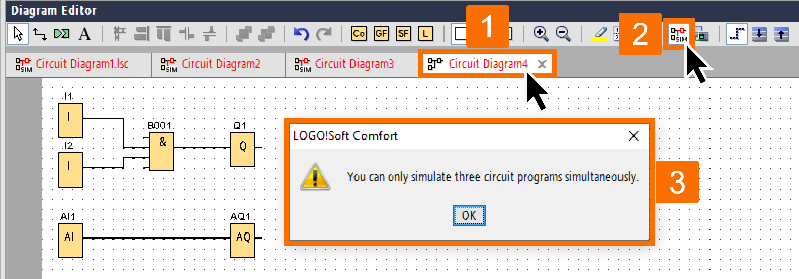 Figure 1.8 - Siemens LOGO! PLC Simulation | Simulating a fourth circuit program that comes with a warning