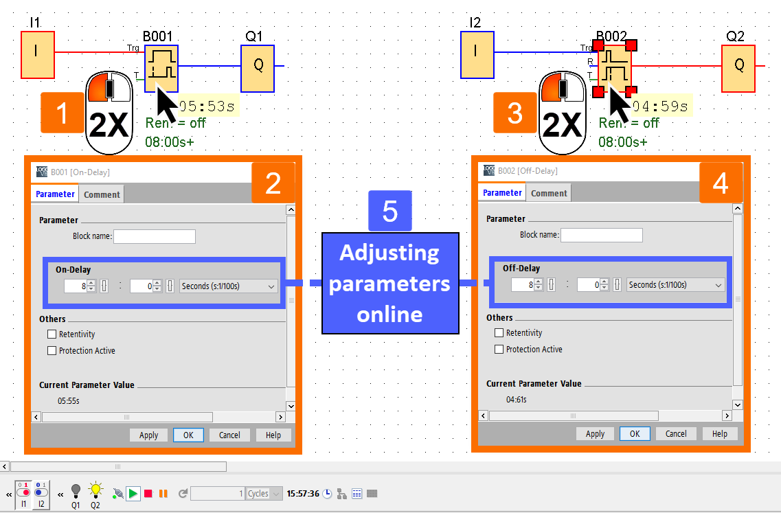 Figure 6.1 - Siemens LOGO! PLC Simulation | Adjusting blocks parameters in the middle of the simulation process