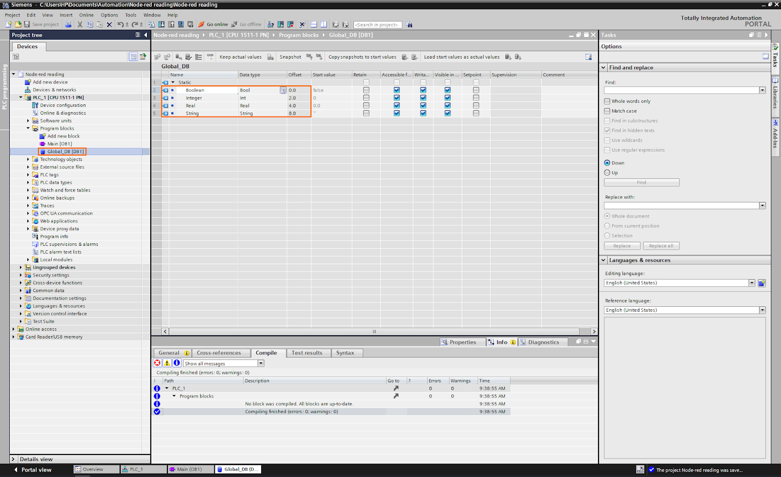 Figure 1.4 - Using Node-Red with Siemens TIA Portal PLC Programming | Data block elements