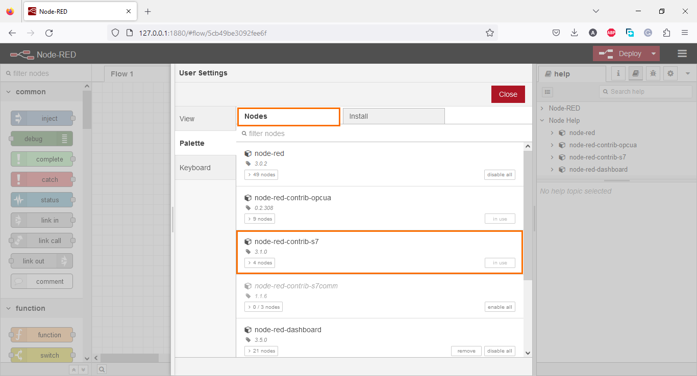 Figure 2.3 - Using Node-Red with Siemens TIA Portal PLC Programming | Installed palettes