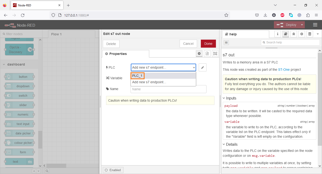 Figure 3.2 - Using Node-Red with Siemens TIA Portal PLC Programming | Selecting the node’s endpoint