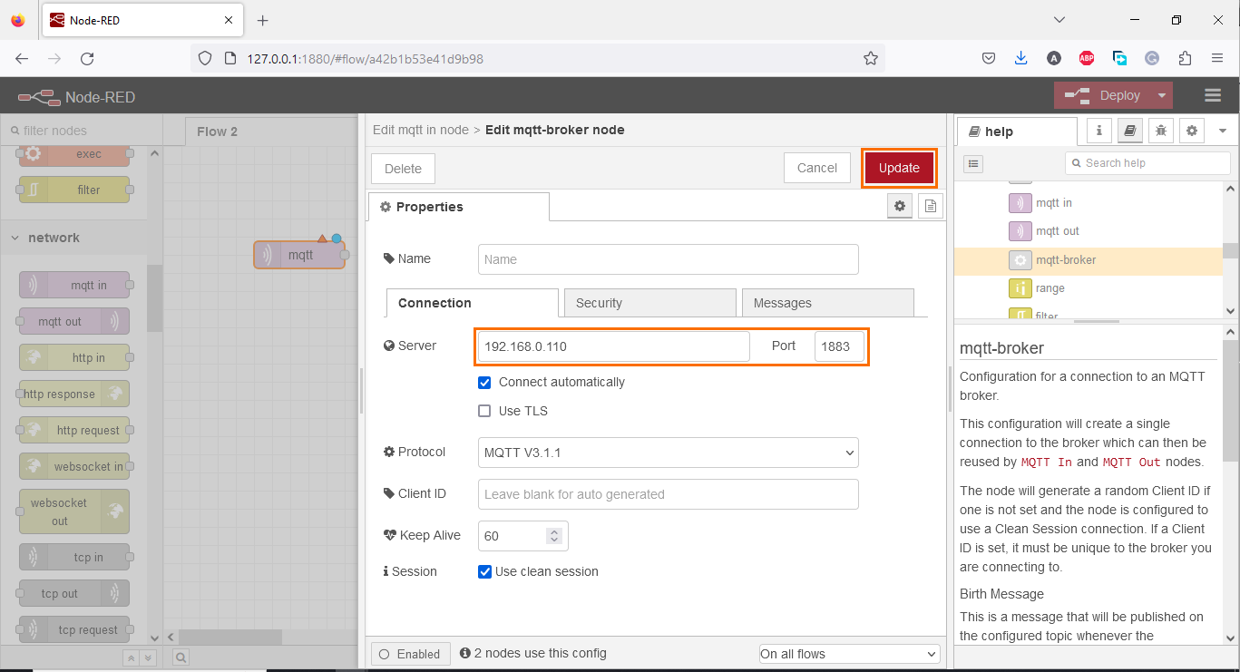 Figure 1.7 - PLC Data over MQTT Broker Mosquitto Node-Red | Setting the IP address of the broker