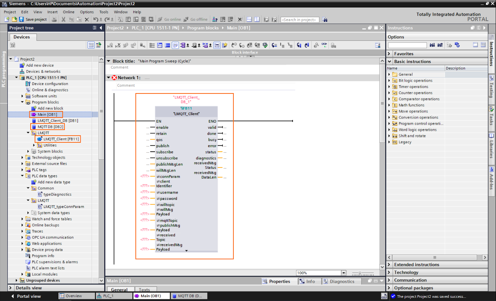 Figure 2.6 - PLC Data over MQTT Broker Mosquitto Node-Red | Adding the LMQTT_Client function to the main program