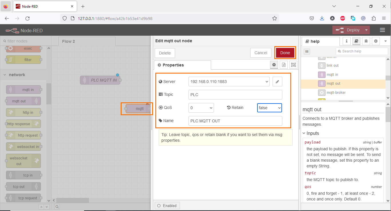 Figure 1.9 - PLC Data over MQTT Broker Mosquitto Node-Red | Configured MQTT Out node