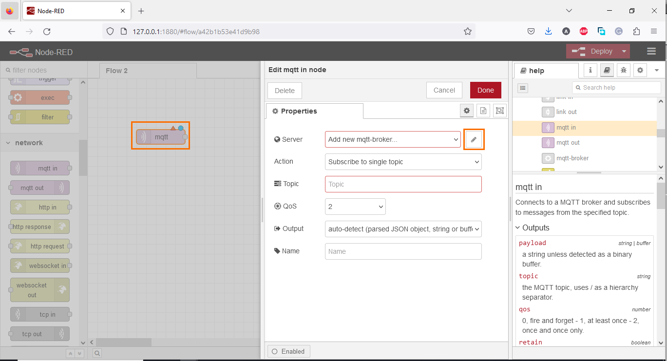 Figure 1.6 - PLC Data over MQTT Broker Mosquitto Node-Red | MQTT In properties