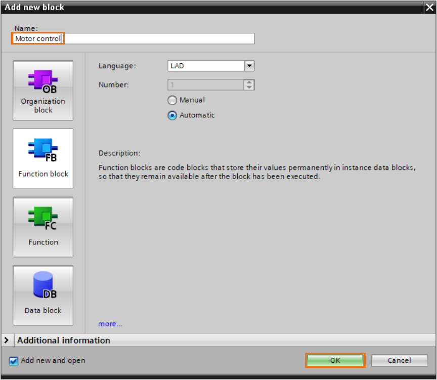 Figure 1.5: Control Flow Chart PLC programming in TIA Portal | Selecting “Function Block” and giving a name to the block