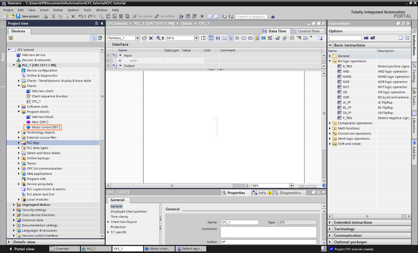 Figure 1.12: Control Flow Chart PLC programming in TIA Portal | Adding the FB to the CFC chart