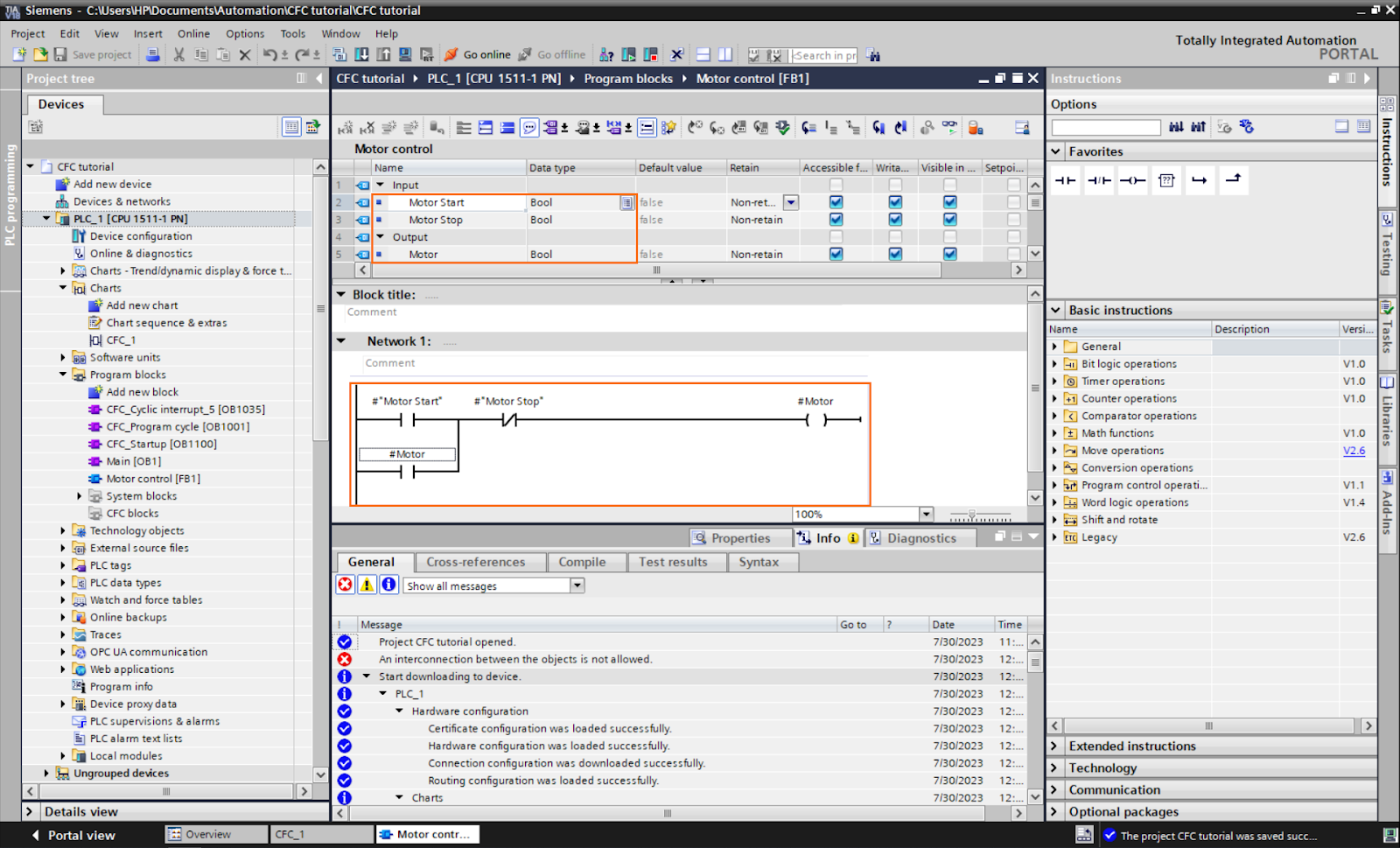 Figure 1.7: Control Flow Chart PLC programming in TIA Portal | Setting the inputs/outputs of the FB