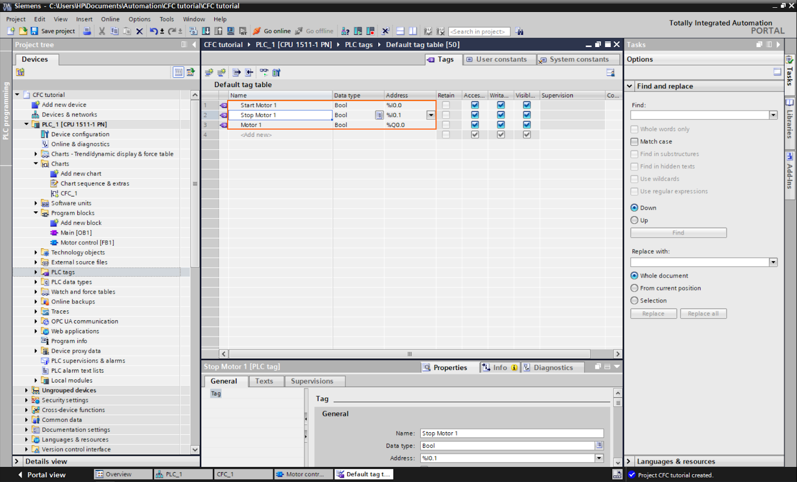 Figure 1.9: Control Flow Chart PLC programming in TIA Portal | Creating the tags of motor 1