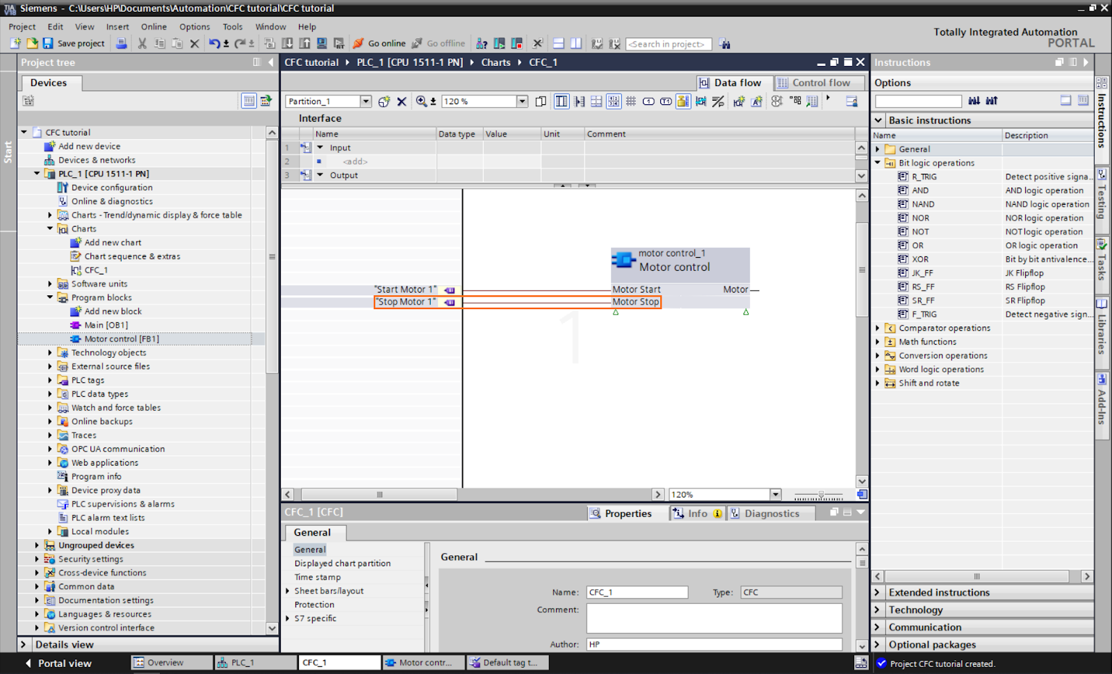 Figure 1.17: Control Flow Chart PLC programming in TIA Portal | Adding the “Stop motor 1” tag