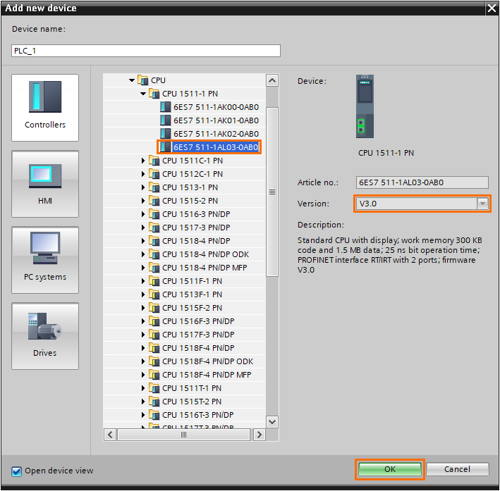 Figure 1.2 - Siemens TIA Portal Software Units | Adding a 2.6 or higher firmware version CPU