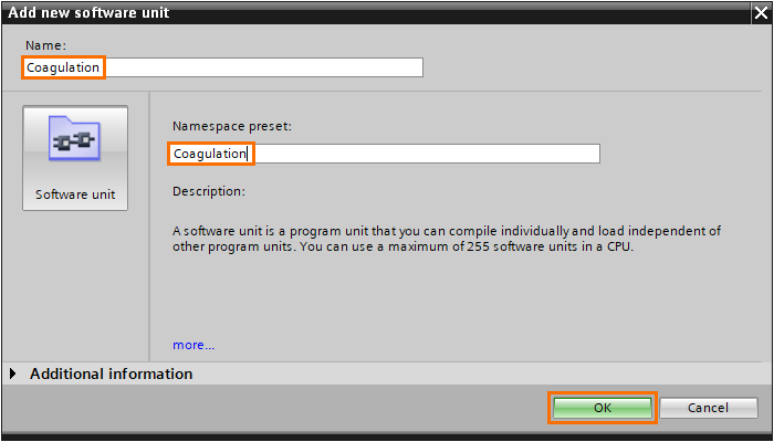 Figure 1.7 - Siemens TIA Portal Software Units | Giving a name and namespace to the first unit