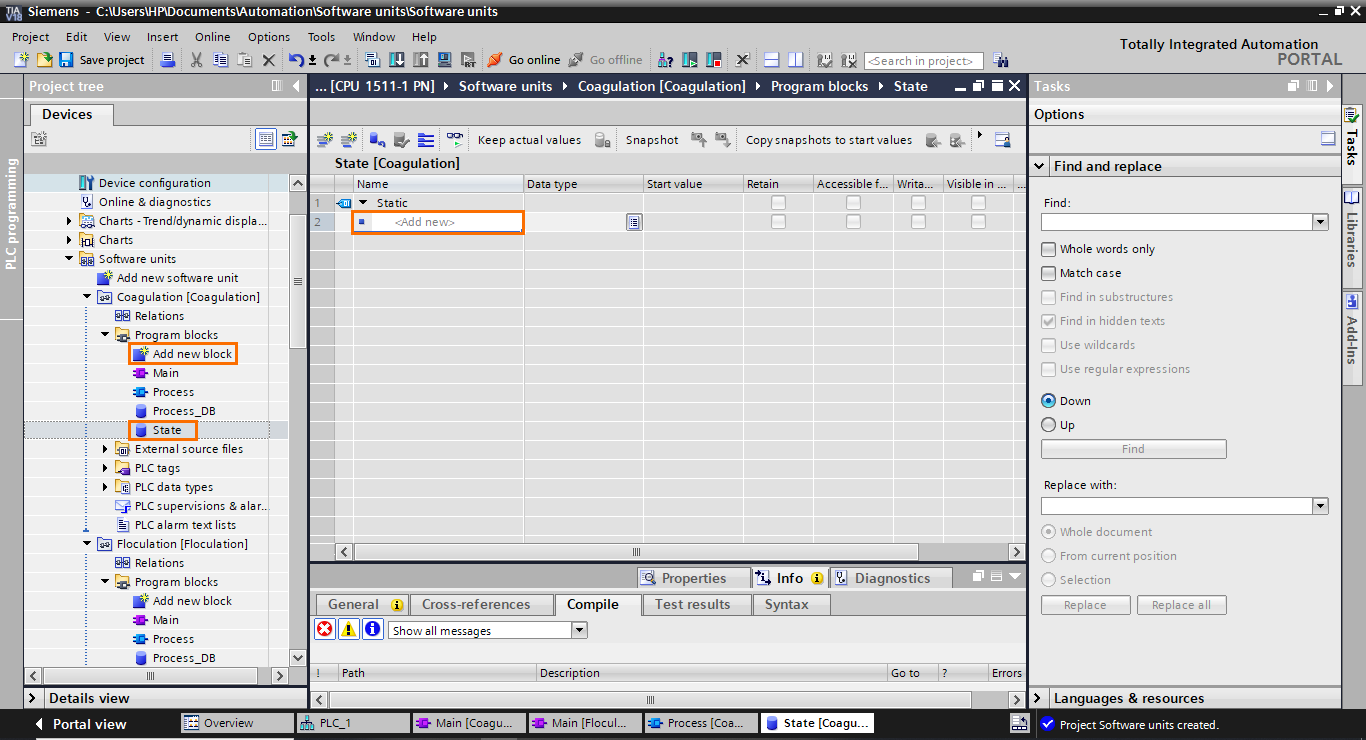 Figure 1.18 - Siemens TIA Portal Software Units | Adding a new DB in the coagulation unit