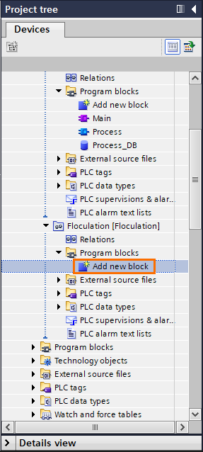 Figure 1.15 - Siemens TIA Portal Software Units | Adding a new program block in the flocculation unit